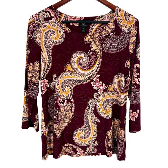 JM Collection Sz Medium Red Floral Paisley 3/4 Sleeve Stretchy Blouse Shirt Top - Picture 1 of 7
